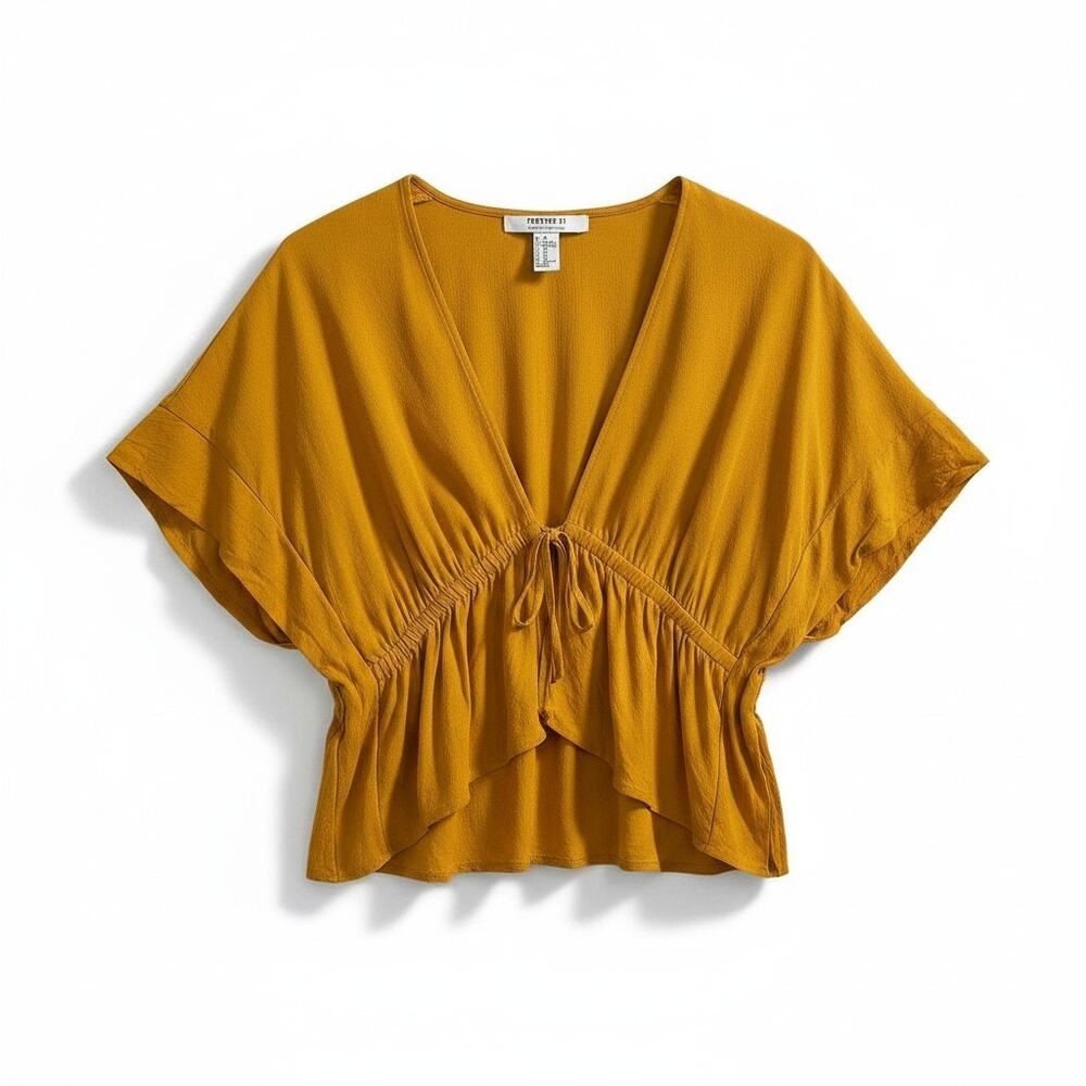 Forever 21 Womens V Neck Babydoll Crop Top Peasant Mustard XS Fairy Cottage Boho